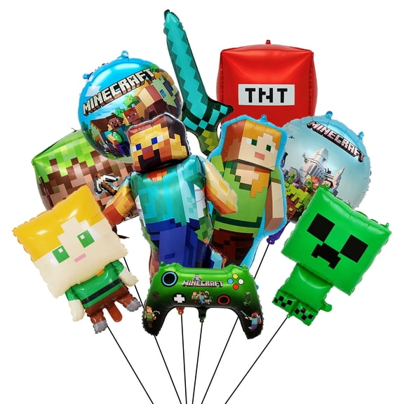 Pixel Game Party Decorations Balloons,10pcs Minecraft Balloons Including Pixel Game 3D Foil Balloon & Round Foil Balloons etc Pixel Game Foil Balloons for Boys Kids Minecraft Themed Party