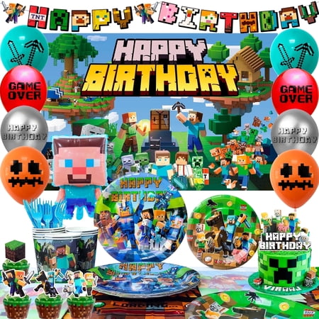 Games Birthday Decorations, 113pcs Games Party Decorations & Tableware Set - Birthday Banner Balloons Plates Napkins etc Block Game Birthday Party Supplies