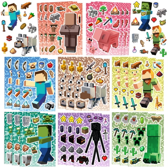 Pixel Games Make a Face Stickers, Minecraft Diy Stickers with 8 Designs Characters for Minecraft Party Supplies, Make Your Own Pixel Games Stickers for Kids Minecraft Birthday Decorations Favor