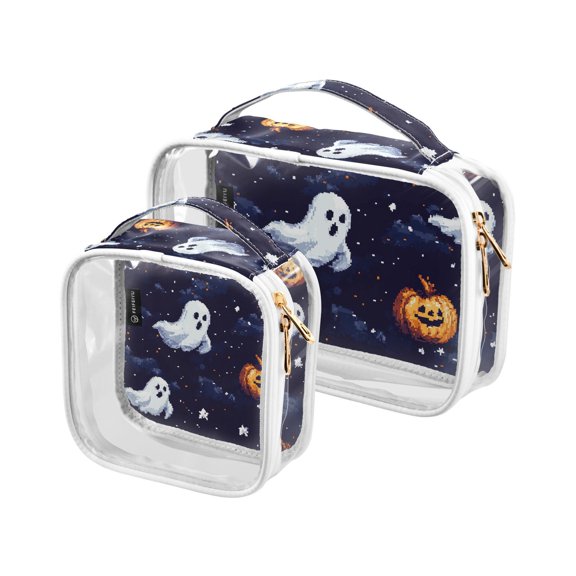 Pixel Ghosts Pumpkins Makeup Bags Set Travel Toiletry Bags Portable Cosmetic Bags Organizer Waterproof 2 Packs