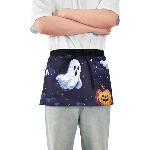 Pixel Ghosts Pumpkins Waist Apron Adjustable Server Half Apron Kitchen Cooking with 3 Pockets for Men Women