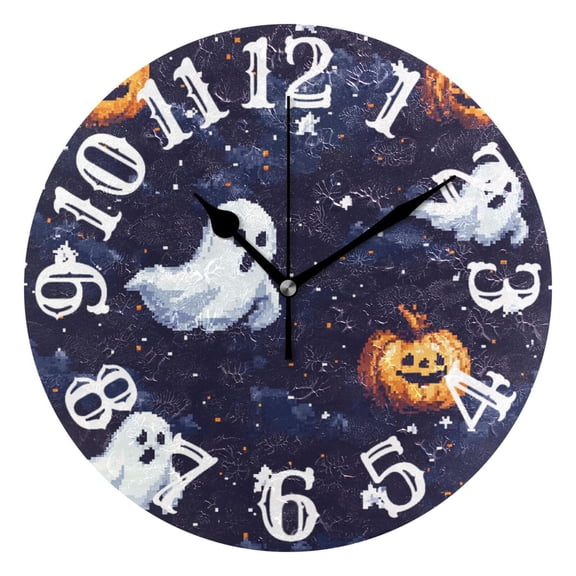 Pixel Ghosts Pumpkins Wall Clock 10 inch Non-Ticking Easy to Read Decorative Clocks for Home Bedroom Living Room