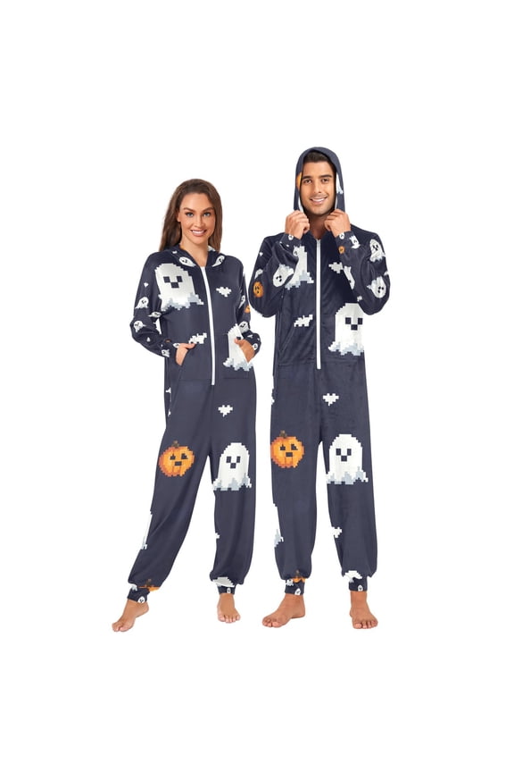 Pixel Ghosts and Pumpkins Adult Onesie Pajamas Slim Fit Christmas One Piece Suit Pjs for Women and Men Hooded Zipper