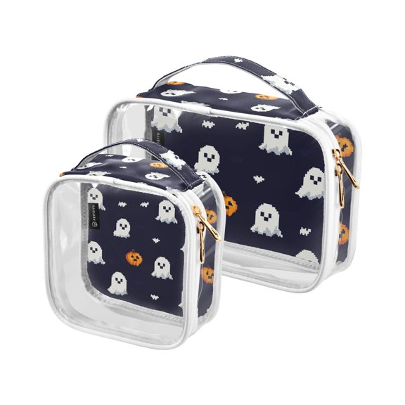 Pixel Ghosts and Pumpkins Makeup Bags Set Travel Toiletry Bags Portable Cosmetic Bags Organizer Waterproof 2 Packs