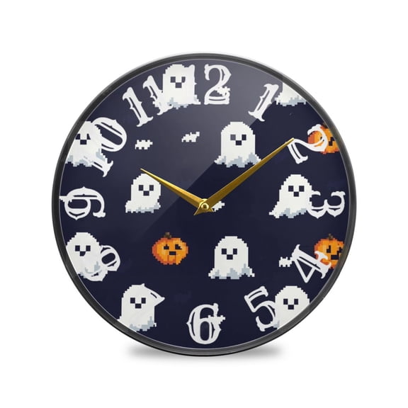 Pixel Ghosts and Pumpkins Wall Clock 10 Inch Silent Non Ticking Battery Operated Easy to Read for Kitchen Living Room
