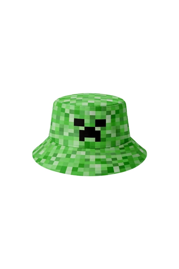 Pixel Green Creeper Face Bucket Hat - Foldable 8-Bit Sandbox Game Sun Cap for Gamers, Teens & Adults - Stylish UV Protection Summer Hat for Travel & Gaming