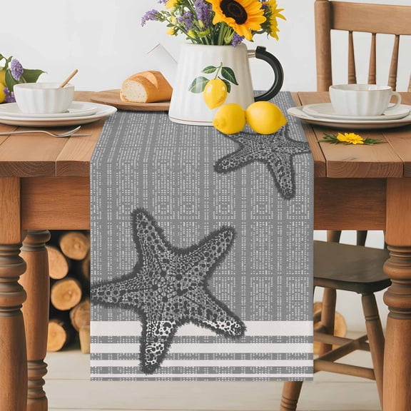 Pixel Grey Star Table Runner 13x36 Inch Modern Abstract Nautical Ocean Beach Starfish Stripe Cotton Linen Dining Table Runner Ideal for Dresser Kitchen Coffee Tables - Machine Washable