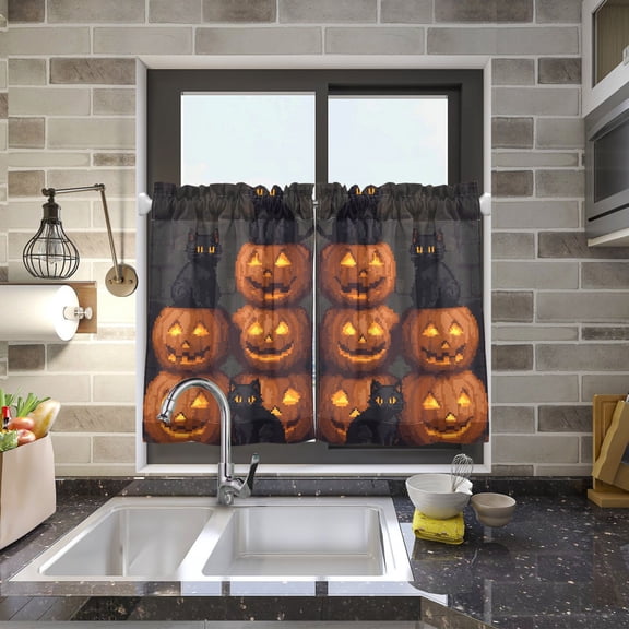 Pixel Halloween Kitchen Curtains Half Tier Curtain 2 Rod Pockets Bathroom Bedroom Cupborad Living Room 27"x24"