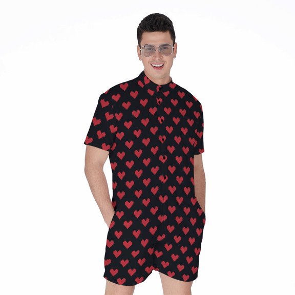 Pixel Heart Pattern Short Sleeve Men'S Rompers Casual Summer Jumpsuits Outfit