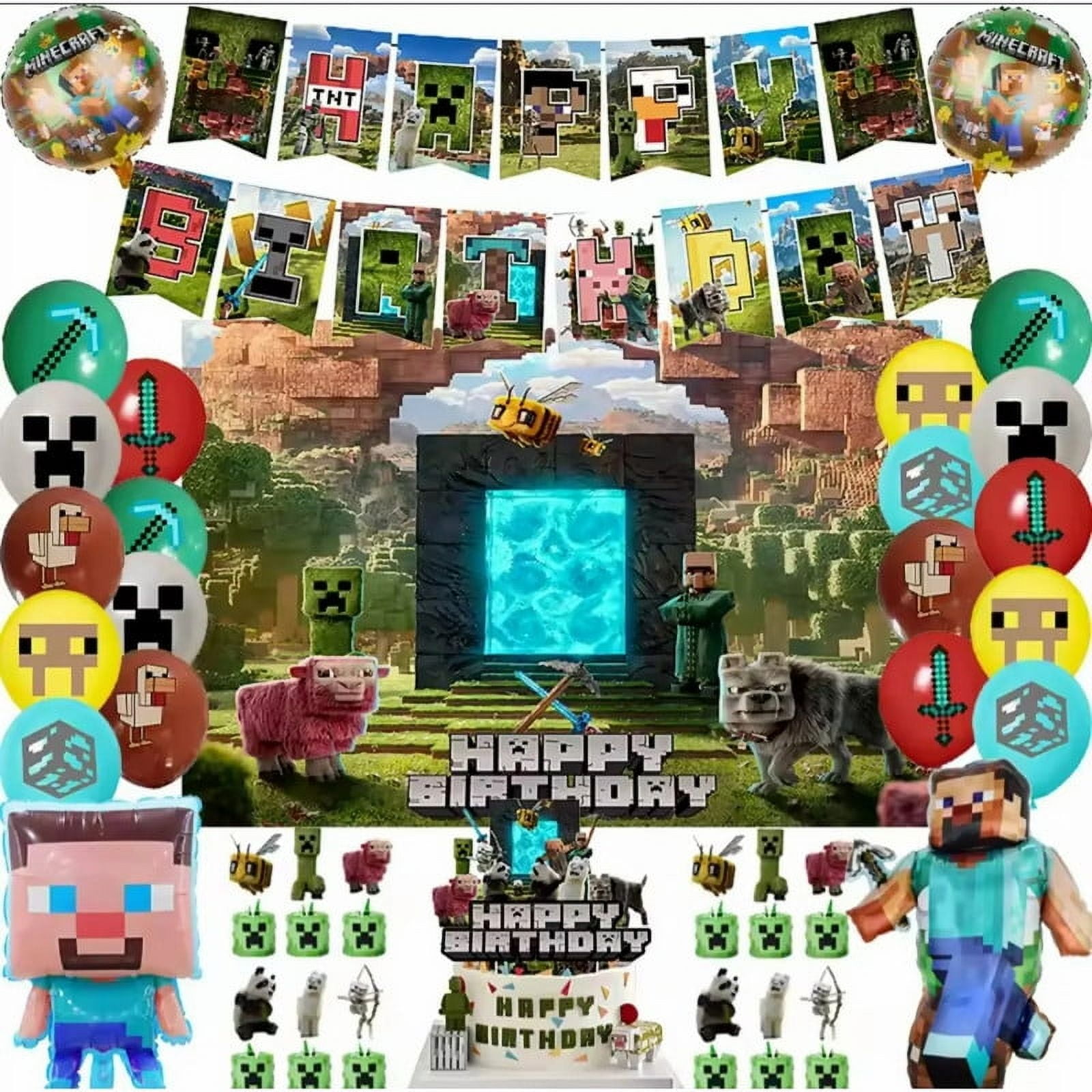 Pixel Minecraft Party Decoration New Movie Themed Party Supply for Gamer Fans 35 pcs Backtrop Banner Cake Topper Cupcake Toppers Balloons