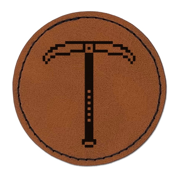Pixel Miner Pickaxe RPG Video Games 2.5" Faux Leather Round Engraved Iron-On Patch - Brown