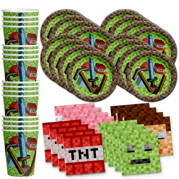 Pixel Mining World Gaming Birthday Party Supplies - Video Game Birthday Supplies for Boys | Tableware Set Includes Plates, Napkins, and Cups | Kit for 16