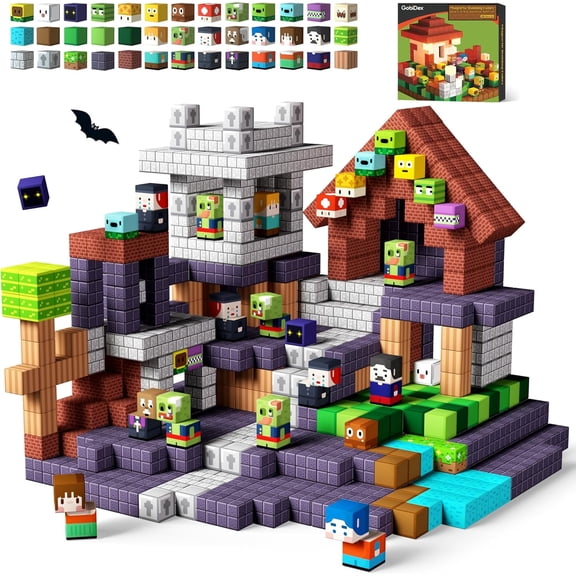 Pixel Monster World Magnetic Building Set - 100 Pcs 8-Bit Spooky Sandbox Cubes with Zombie, Bat & Haunted Scenery - Large DIY Desk Decor Kit for Gamers, Teens & Adults