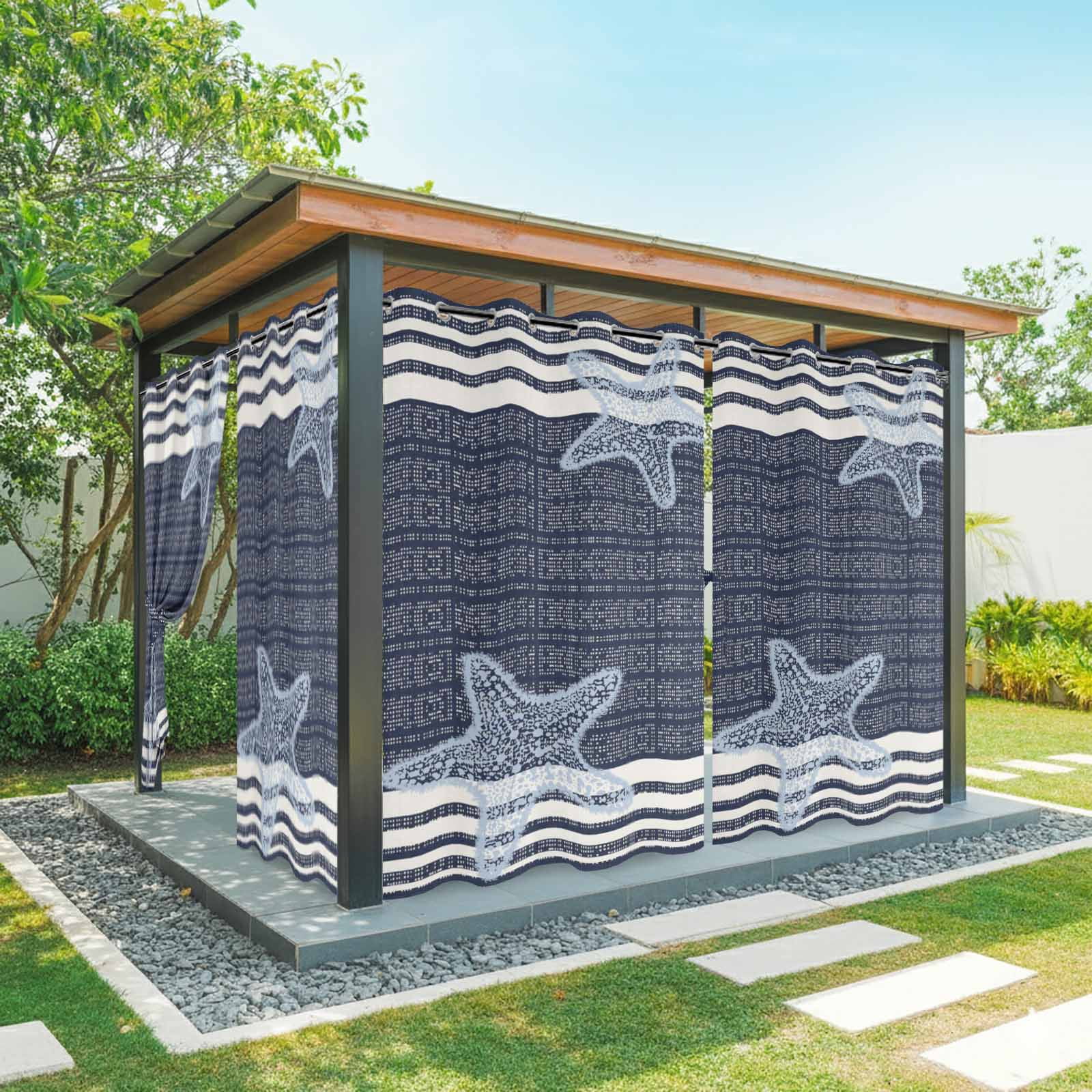 Pixel Navy Blue Star Outdoor Curtains for Patio, Modern Abstract Nautical Ocean Beach Starfish Stripe Sunshade Privacy Drapes Grommet Waterproof Outside Curtains for Porch Balcony 54"x108", 1 Panel