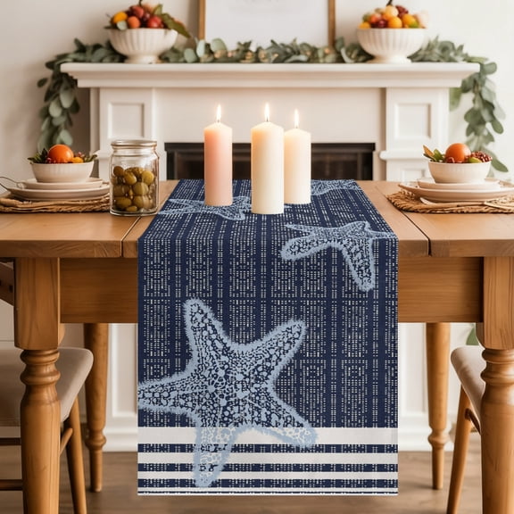 Pixel Navy Blue Star Table Runner, Modern Abstract Nautical Ocean Beach Starfish Stripe Washable Cotton-linen Table Runners Dining Kitchen Decoration for Everyday Home Wedding Party 13 x 48 Inch