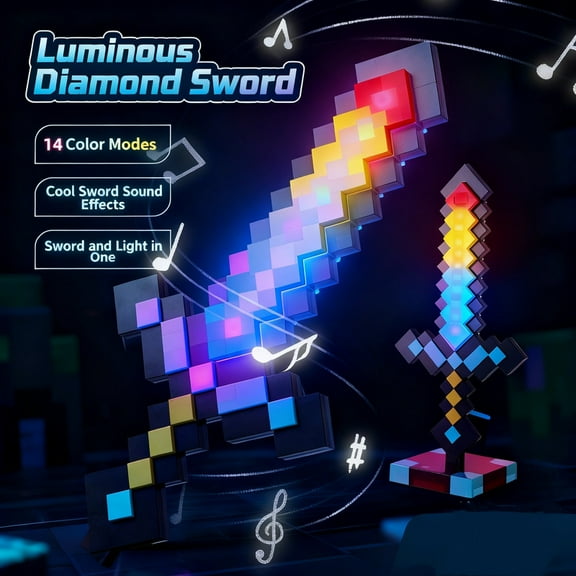 Pixel Night Light Toy with Base,14 Color Changing Light Effects & Realistic Sound,Scale Game Prop for Kids,Cosplay Collection and Game Party Decoration