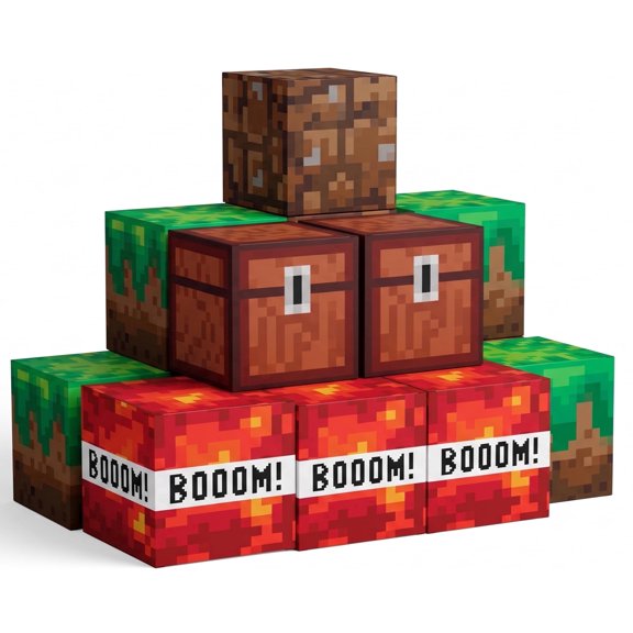 Pixel Party Decorative Boxes, 10 Pack, 8.5 Inch Cardboard Cubes - Sturdy, Stackable Props & Backdrop, Kid's Gaming Birthday Decoration, Favors Candy & Treats Storage, Folds Flat, Reusable