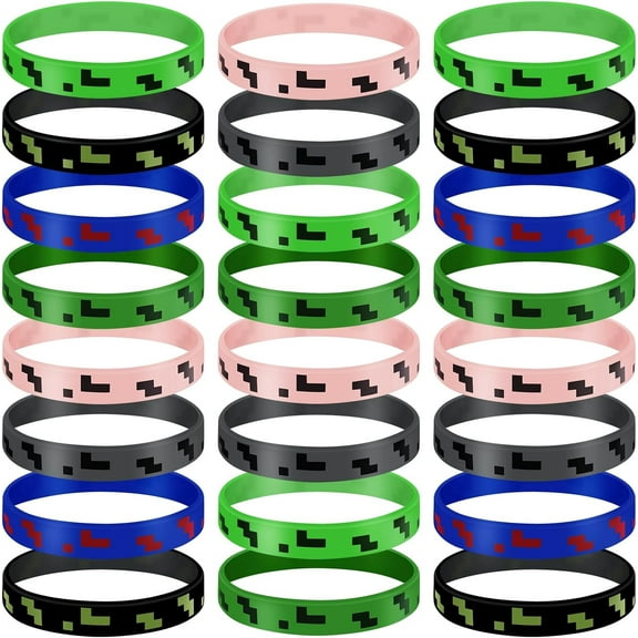 Pixel Party Favors 24 Pieces Silicone Bracelets Miner Theme Wristbands, Goodie Bag Favors Gift Treat Candy Bags Filler for Kids Birthday Party Supplies Decorations