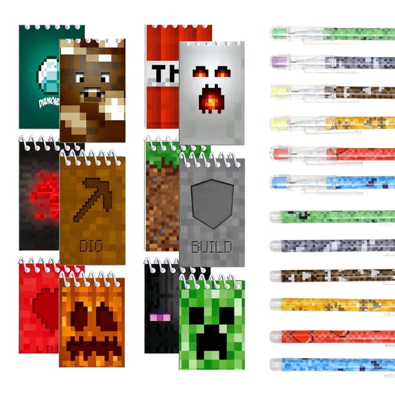 Pixel Party Favors Bulk Set (48 Pack)  Mini Spiral Notebooks & Fun Pencils for Birthday Goody Bags, Classroom Prizes