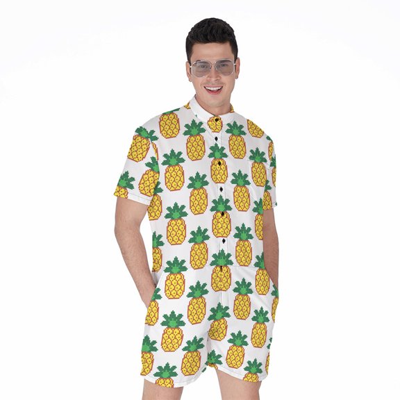 Pixel Pineapple Pattern Short Sleeve Men'S Rompers, Pineapple Aloha Tropical Fruits Hawaiian Casual Summer Jumpsuits Outfit