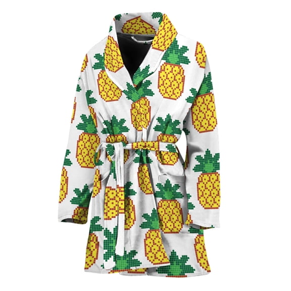 Pixel Pineapple Pattern Women Bathrobe One Size Univeral Fits, Pineapple Aloha Tropical Fruits Hawaiian Fashion Lightweight Plush Fleece Long Robe For Women