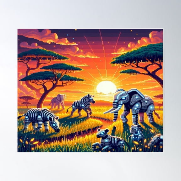 Pixel Plains With Geometric Zebras And Robot Elephants Poster Wall Art Bedroom Wall Art