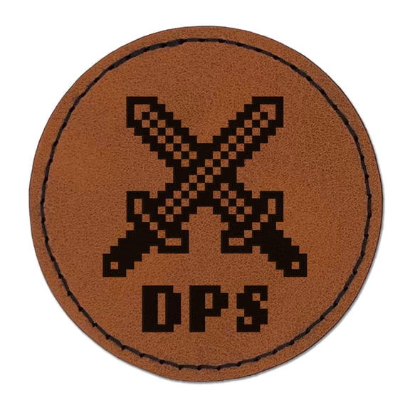 Pixel RPG DPS Swords Gaming 2.5" Faux Leather Round Engraved Iron-On Patch - Brown