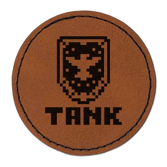 Pixel RPG Tank Warrior Shield 2.5" Faux Leather Round Engraved Iron-On Patch - Brown