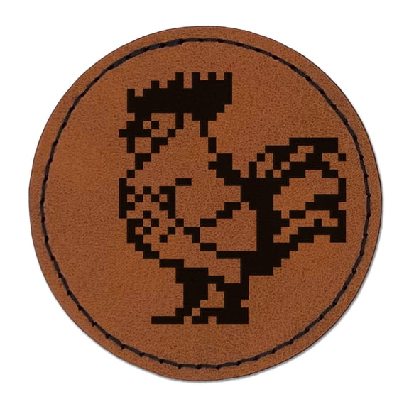 Pixel Rooster Chicken 2.5" Faux Leather Round Engraved Iron-On Patch - Brown
