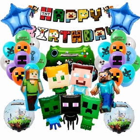 Pixel Sandbox Game Balloon Party Kit, Pixel Block Character Foil Balloons, Happy Birthday Banner, Latex Balloons Set, Video Game Themed Party Decorations for Gaming Fans Birthday Supplies
