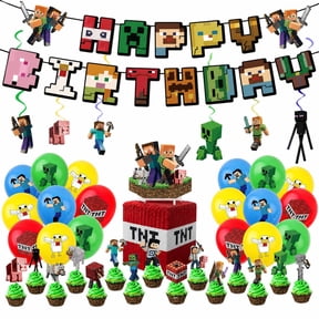Pixel Block Video Game Theme Party Decoration Kit with Banner Swirls Balloons Toppers