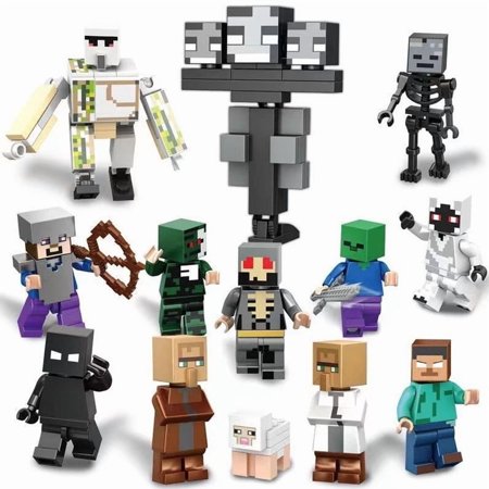 Pixel Sandbox Game Building Blocks Figures Set, 13 PCS Pixel Character Action Figures with Boss Mobs Villagers Animals, Pixel World Collection Kit, Video Game Themed Building Toys