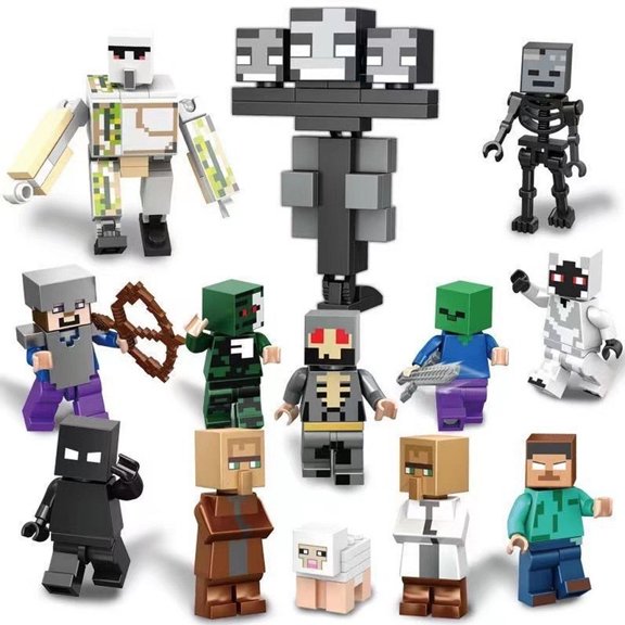 Pixel Sandbox Game Building Blocks Figures Set, 13 PCS Pixel Character Action Figures with Boss Mobs Villagers Animals, Pixel World Collection Kit, Video Game Themed Building Toys