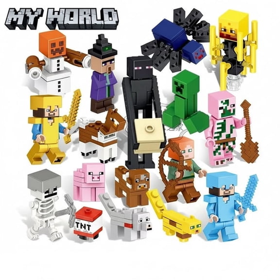 Pixel Sandbox Game Building Blocks Figures Set, 16 PCS Pixel Character Action Figures with Animals Mobs, Pixel World Collection Kit, Video Game Themed Building Toys for Gaming Fans Collectors