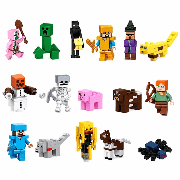 Pixel Sandbox Game Building Blocks Figures Set, 16 PCS Pixel Character Action Figures, Pixel World Mobs Animals Collection Kit, Video Game Themed Building Toys for Gaming Fans Collectors