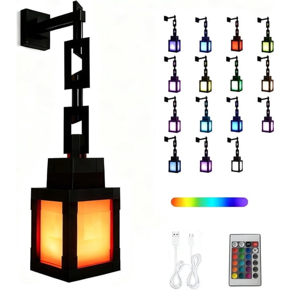 Pixel Sandbox Game Lantern Lamp, 16 Colors RGB LED Night Light with Remote Control, Rechargeable Pixel Block Lantern with Hanging Chain & Desktop Mode, Video Game Themed Decor