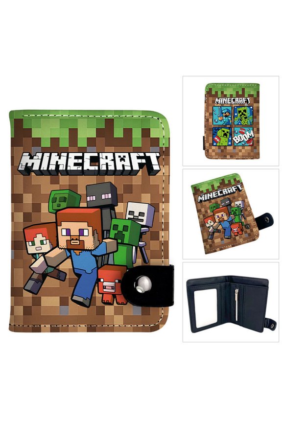 Pixel Sandbox Game Themed Bifold Wallet Pixel Art Print with ID Window Zipper Coin Pocket Multiple Card Slots Snap Closure Durable Wallet for Daily Use Gaming Fans