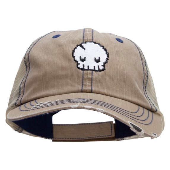Pixel Skull Embroidered Low Profile Special Cotton Mesh Cap - Khaki ...