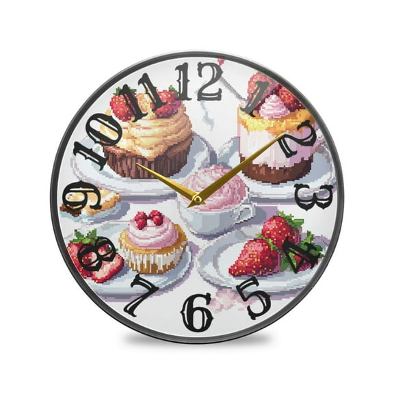 Pixel Strawberry Cakes Wall Clock 10 Inch Silent Non Ticking Battery Operated Easy to Read for Kitchen Living Room