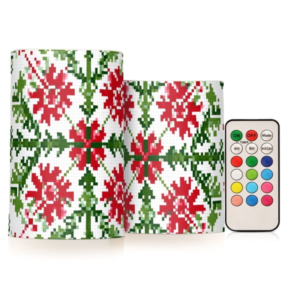 Pixel Style Christmas Pattern Flickering Flameless Candles LED Tealight Battery Operated with Remote Set of 2 Holiday Decor Ornaments