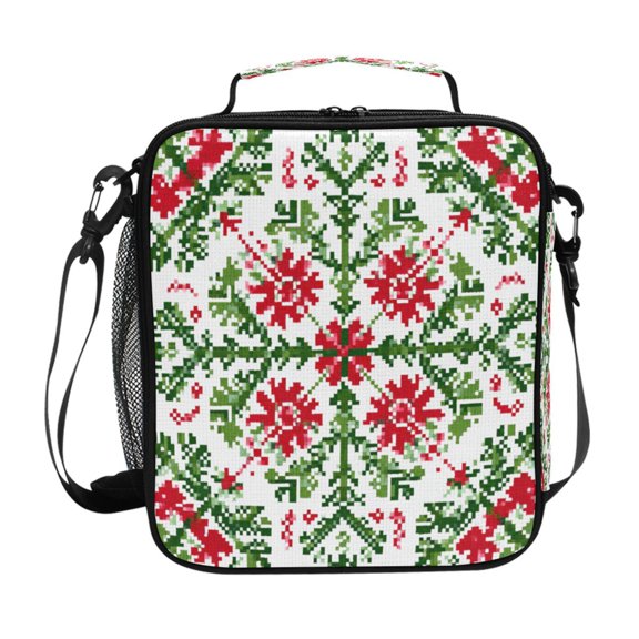 Pixel Style Christmas Pattern Insulated Lunch Bag Reusable Lunch Box Lunch Container with Straps