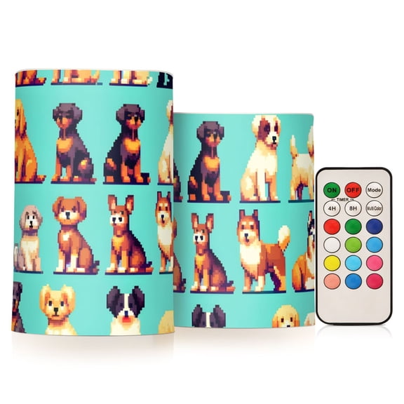 Pixel Style Dogs Flickering Flameless LED Candles set of 2 Battery Operated 18-Key Remotes Timer Halloween Fall Decor D3''xH4''5''