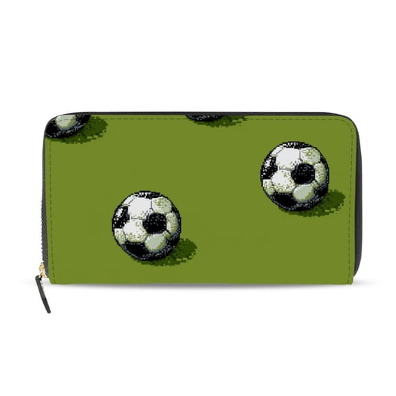 Pixel Style Football Women's Long Zipper Wallet Bifold Clutch Purse PU Leather Card Cases