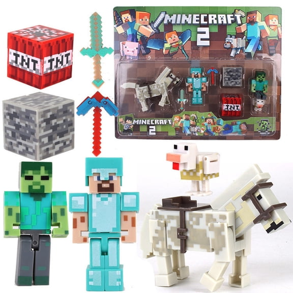 Pixel Style PixelBlock Action Figure Playset, Posable Figurine Set with Horse,Zombie,MultiBlocks & Weapons,Collectible Gift,Cake Topper,Party Favor,Desktop Display for Game Fans