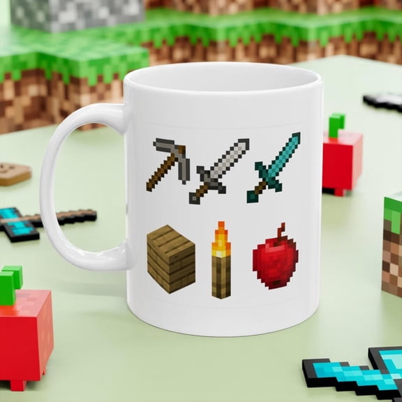 Pixel Survival Gamer Mug - Block Builder Adventure Coffee Cup with 8-Bit Tools, Swords, Torch and Apple | Funny Gaming Gift for Fans