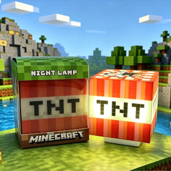 Pixel TNT Block Night Light - 8-Bit Sandbox Game Cube Lamp for Gaming Room Desk Decor - Warm LED Bedside Light Gift for Gamers