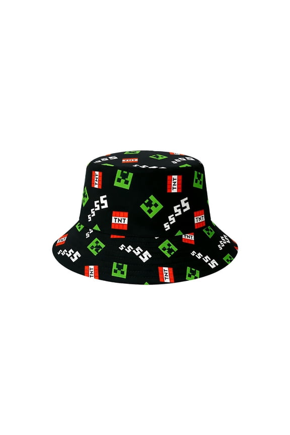 Pixel TNT & Creeper Pattern Bucket Hat - Foldable 8-Bit Sandbox Game Sun Cap for Gamers, Teens & Adults - Black All-Over Print Summer Hat