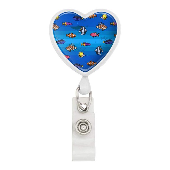 Pixel Tropical Ocean Fish Pattern Heart Lanyard Retractable Reel Badge ID Card Holder