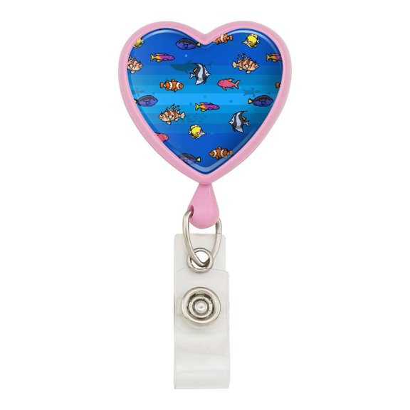 Pixel Tropical Ocean Fish Pattern Heart Lanyard Retractable Reel Badge ID Card Holder
