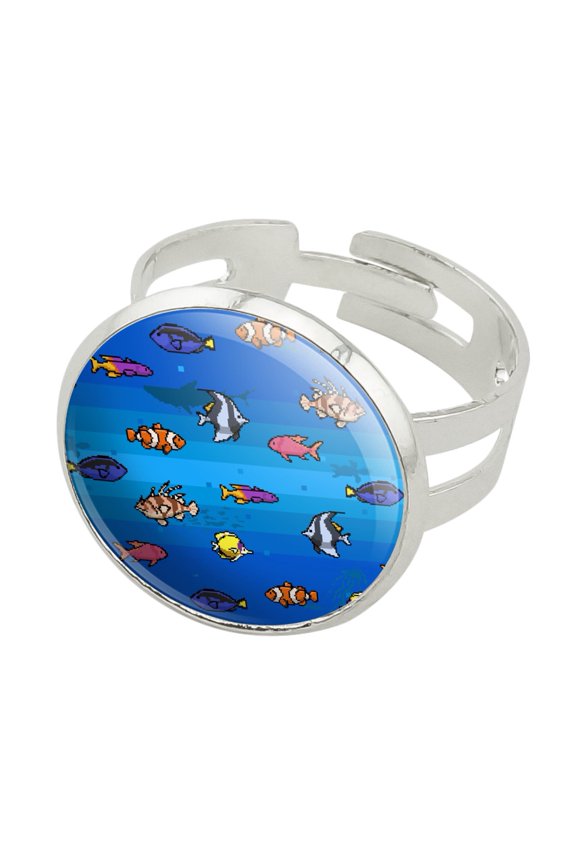 Pixel Tropical Ocean Fish Pattern Silver Plated Adjustable Novelty Ring